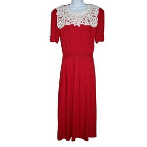 Vintage Cottagecore Prairie Dress 14 Bibbed Collar Short Sleeve Pleated Midi Red